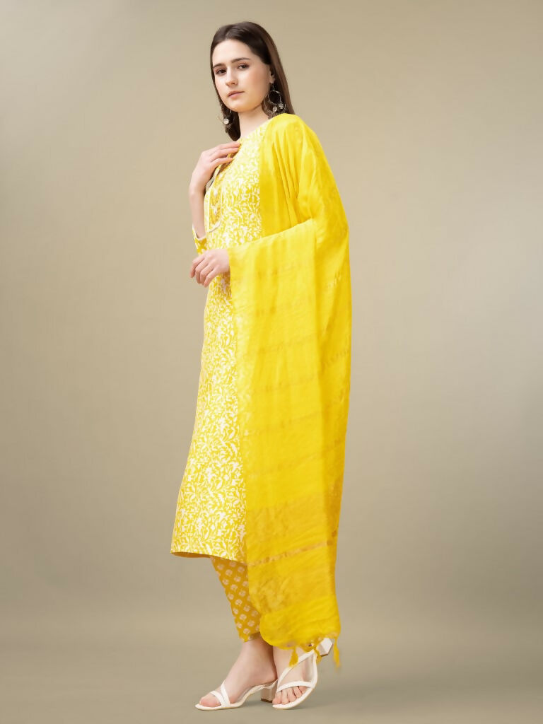 Jyoti Fashion Women's Yellow Rayon Embroidery & Sequence work Kurta with Trouser & Dupatta