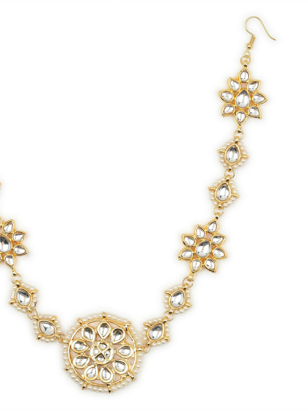 Gold-Polished White Kundan-Studded Pearl Beaded Hair Band - Ruby Raang