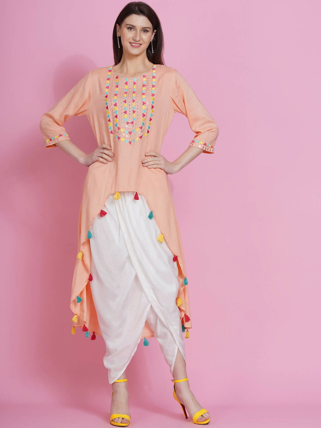 Women Republic Peach Rayon Embroidered Kurta With Mirror Work And Tulip Pants