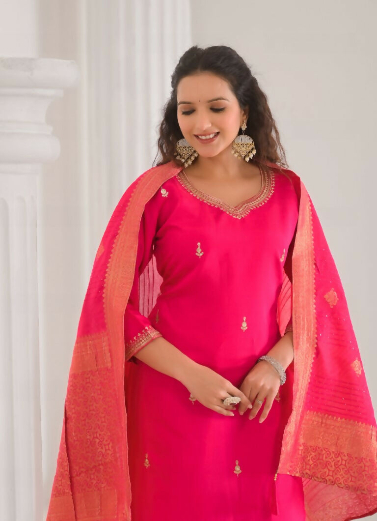 Ethnic Festive Wear Viscose Chanderi Pink Stitched Suit With Dupatta - Tanisha
