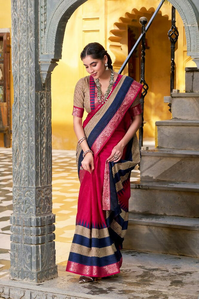 PR Fashion Pink Poly Cotton Printed With Zari Weaving Work Saree