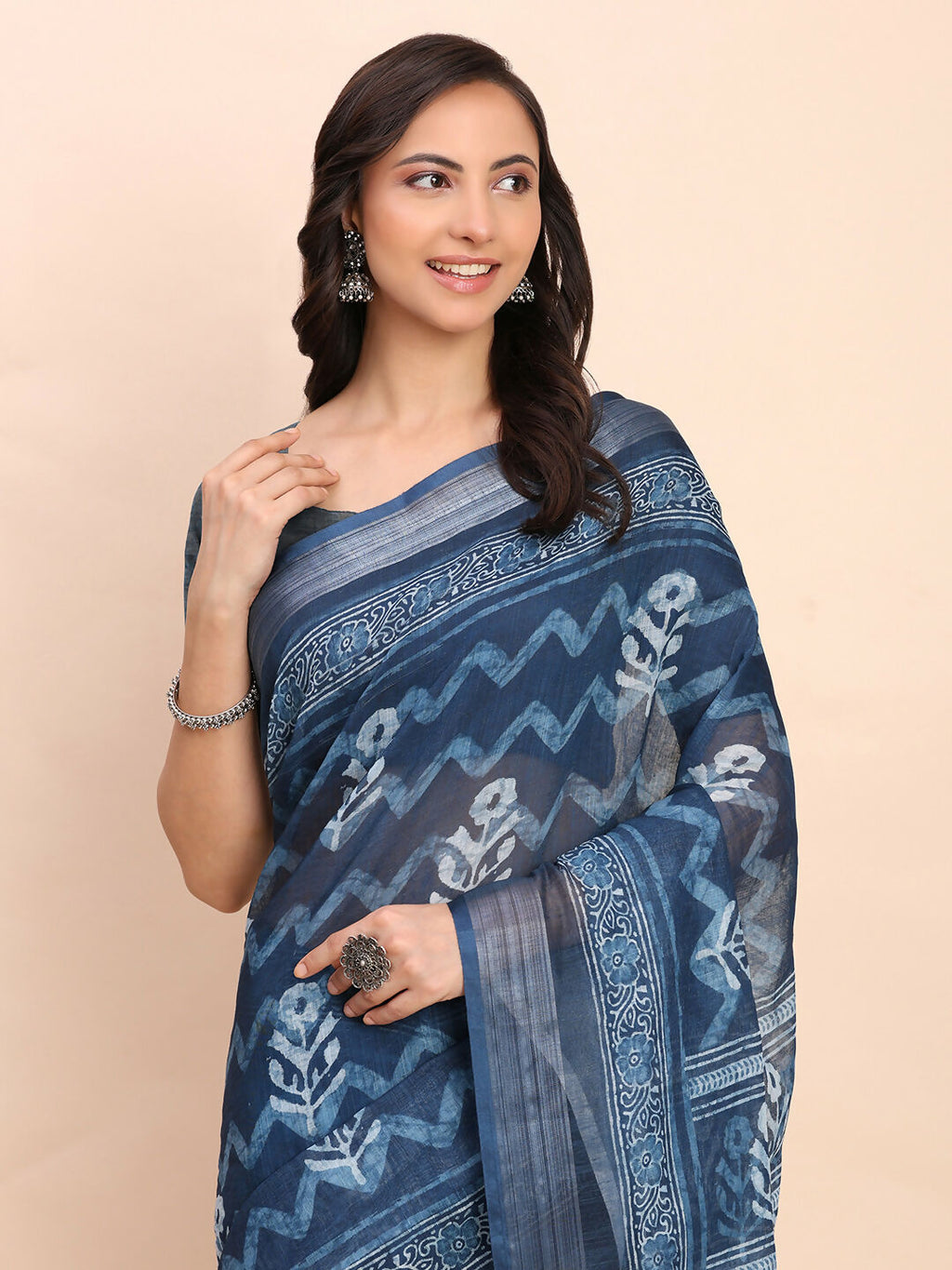 Shree Shyam Fashion Linen Cotton Indigo Blue Saree