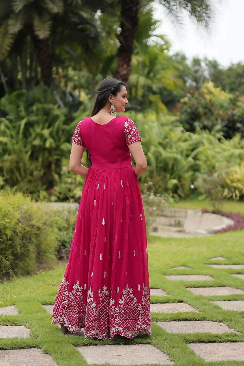 Vastranavya Premium Designer Faux Blooming with Embroidery Zari Sequins work Gown - Pink