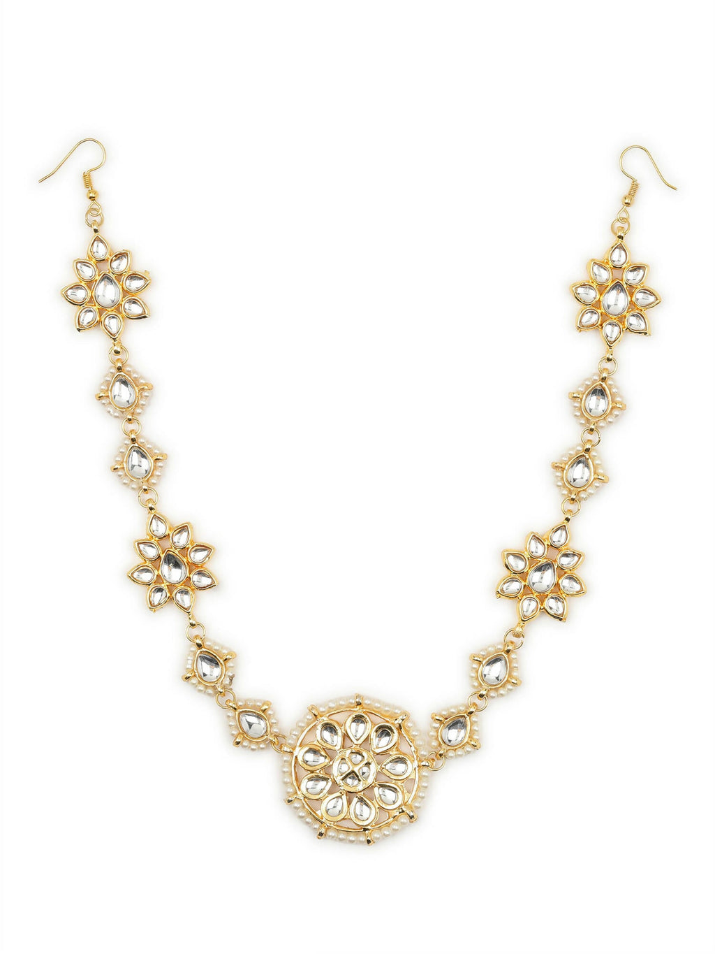 Gold-Polished White Kundan-Studded Pearl Beaded Hair Band - Ruby Raang