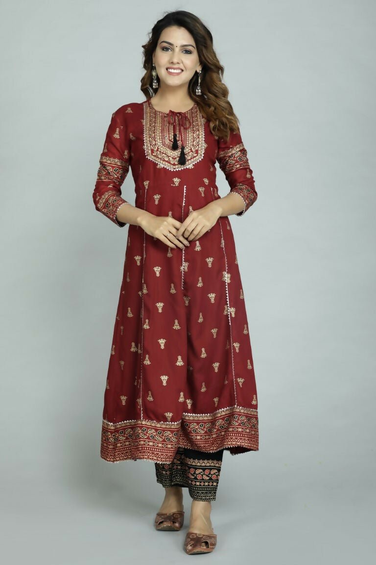 Alvano Women's Stylish Anarkali Kurti with Pant and Dupatta for Women and Girls (Maroon)