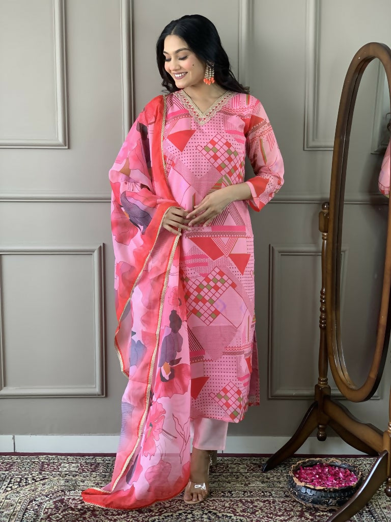 Multi Pink Viscose Chanderi Stitched Suit With Dupatta - Tanisha