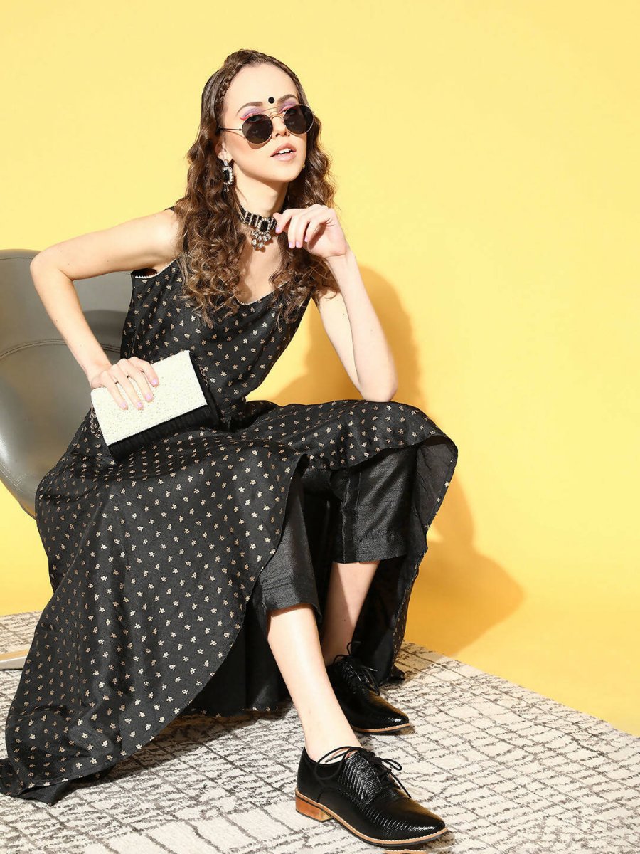 Ahalyaa Women Black Colour Poly Silk Gold Printed Kurta Pant Set