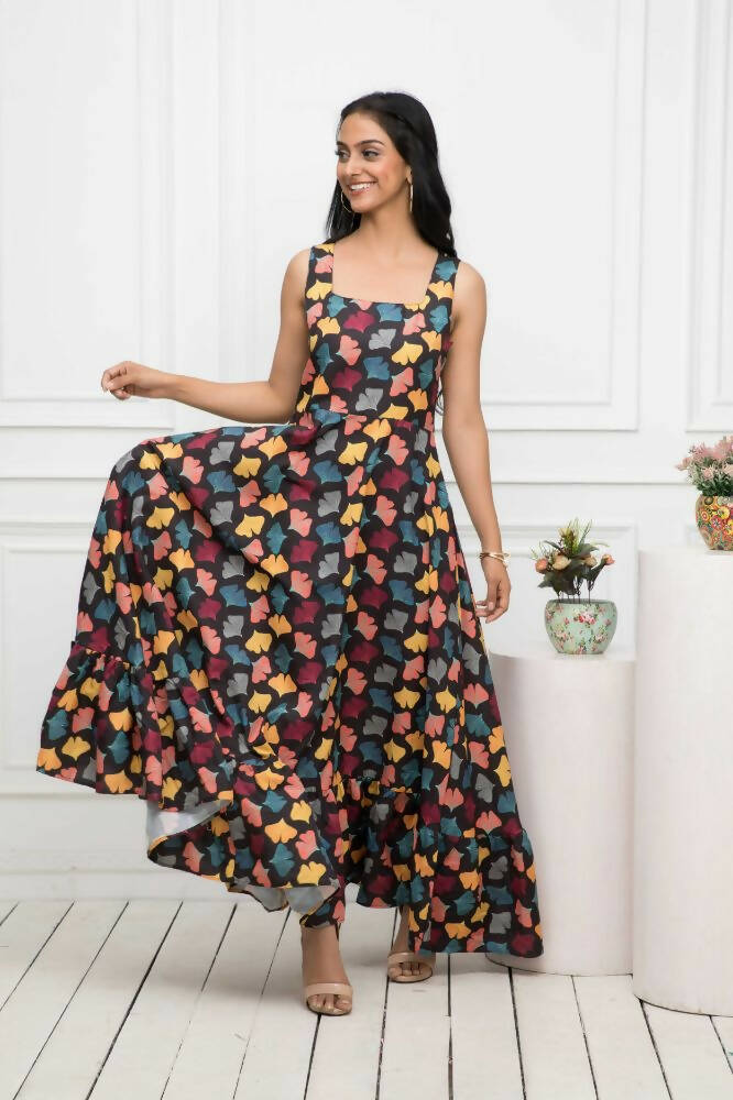 Myshka Women Black Floral Rayon A-Line Round Neck Dress