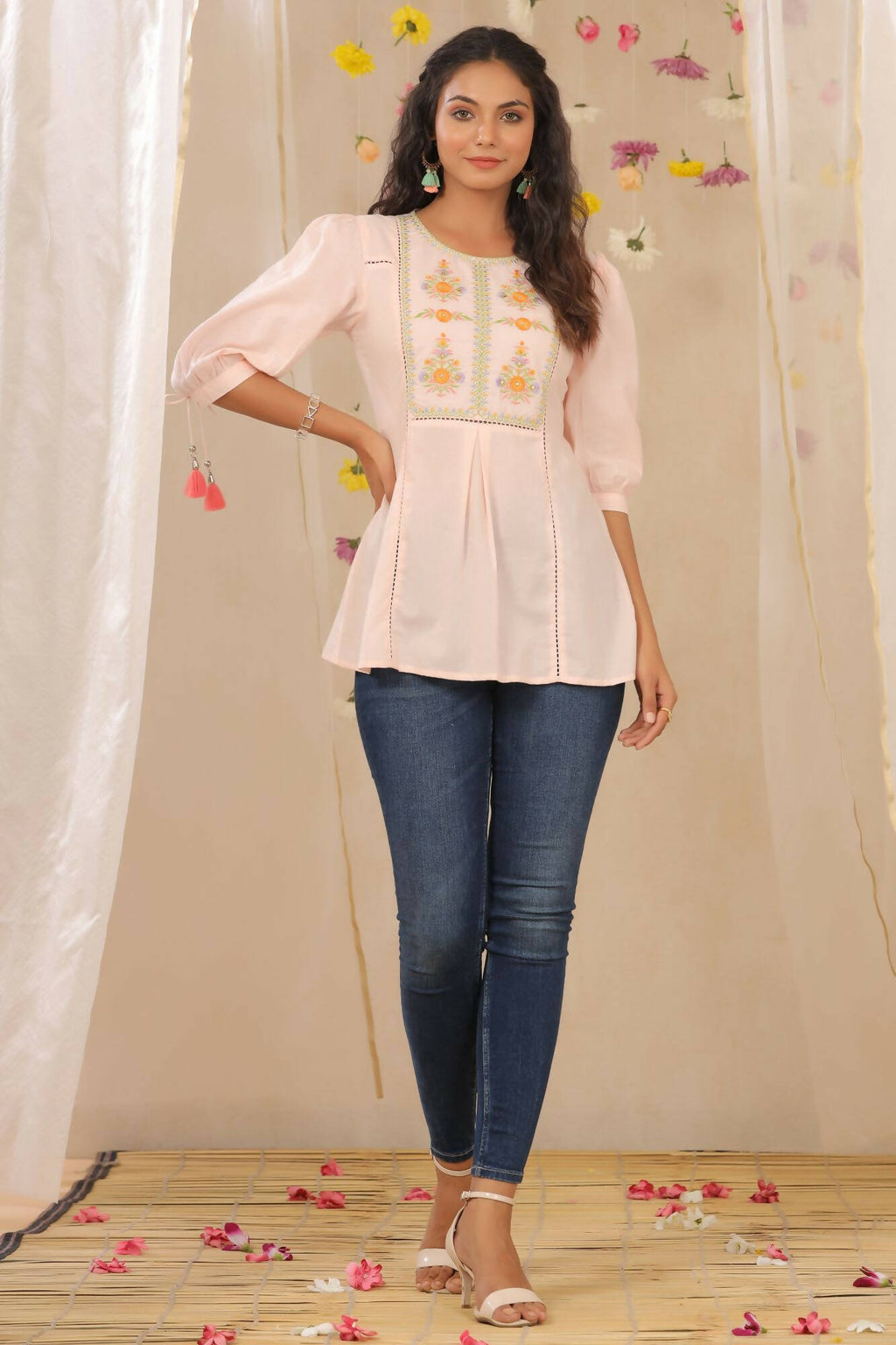 Juniper Women Peach Cotton Dobby Embroidered A-Line Tunic