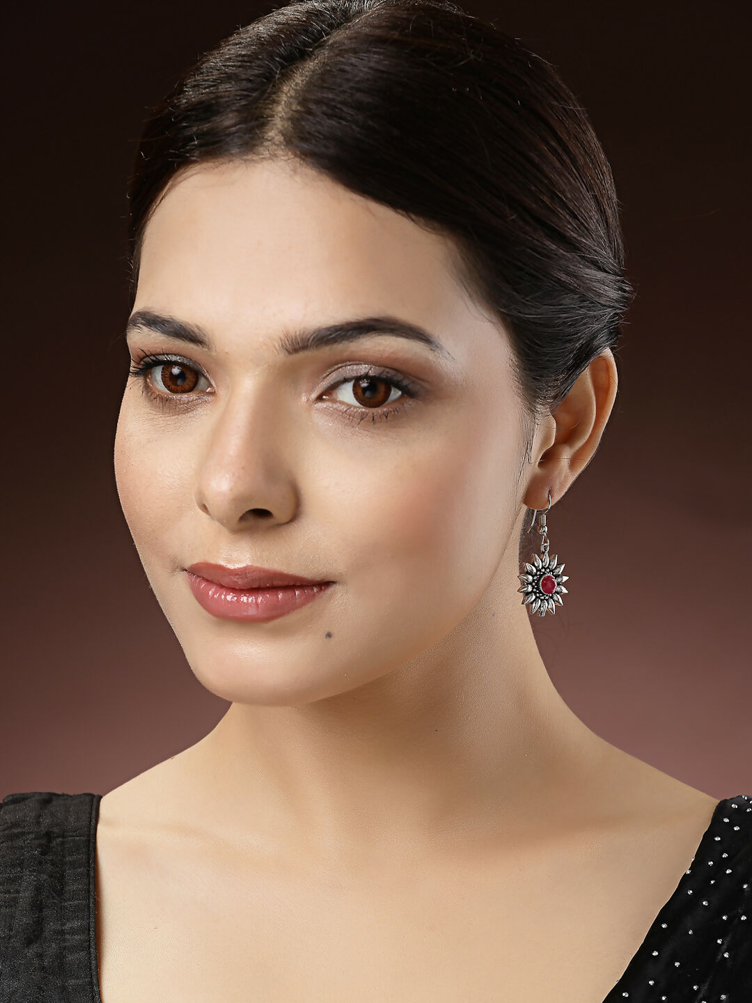 NVR Women's Silver-Toned Artificial Stones German Silver Oxidised Drop Earrings