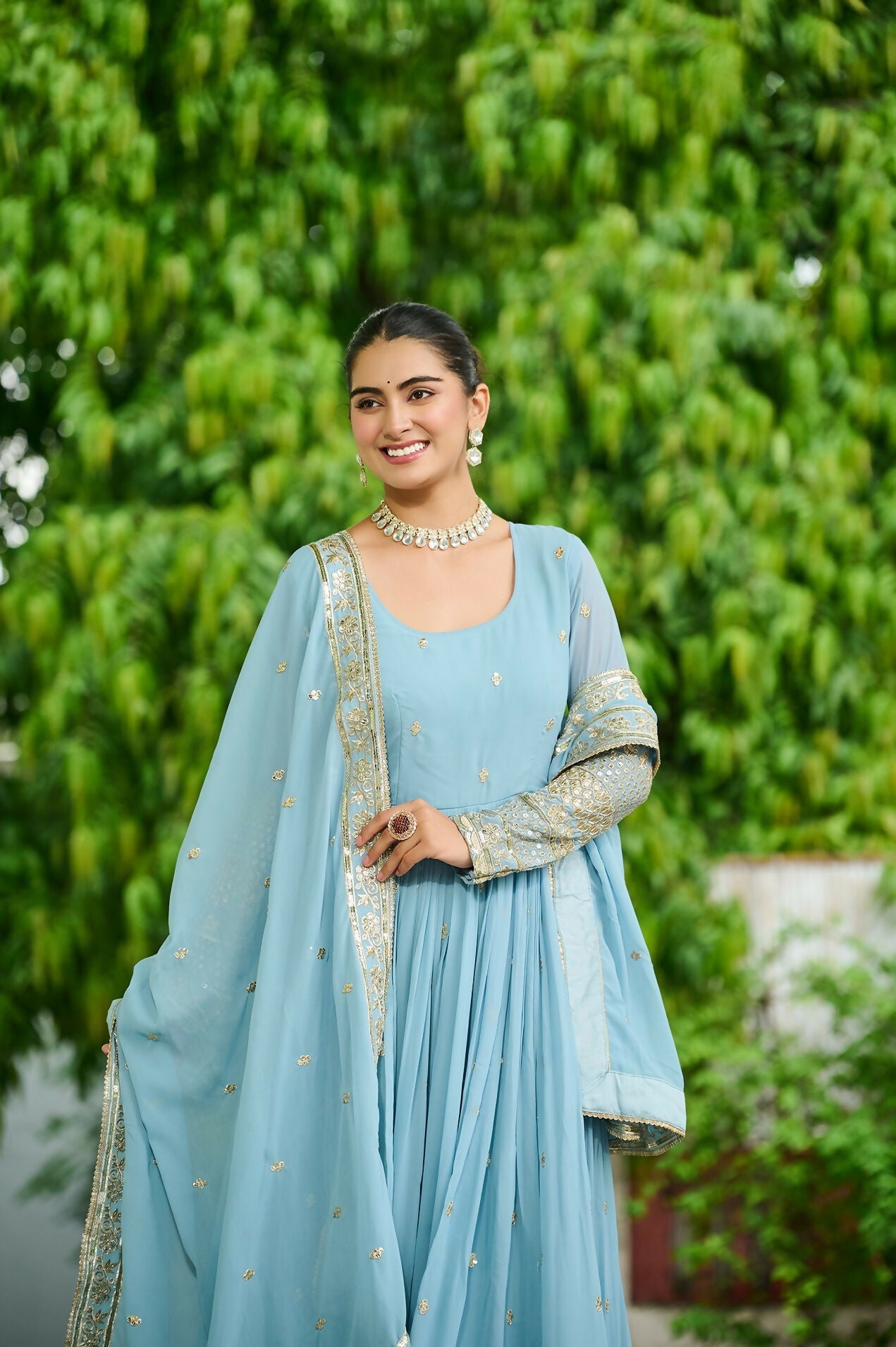 Joban Fashion Sky Blue Georgette Sequence Embroidery Work Kurta Set