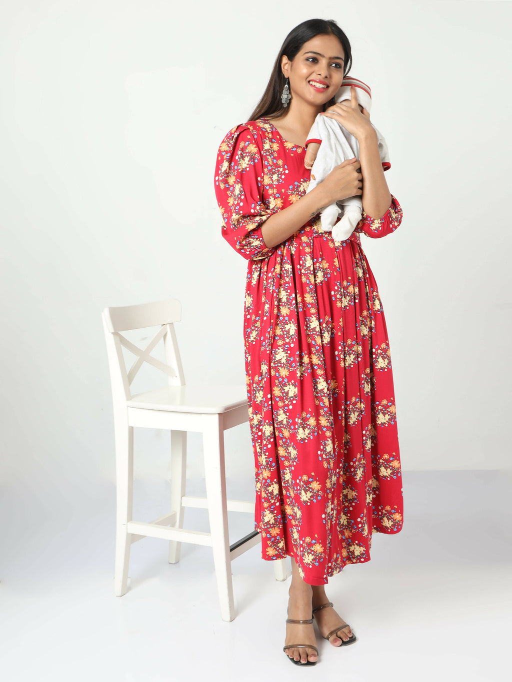 Manet Three Fourth Maternity Dress Floral Print With Concealed Zipper Nursing Access - Red