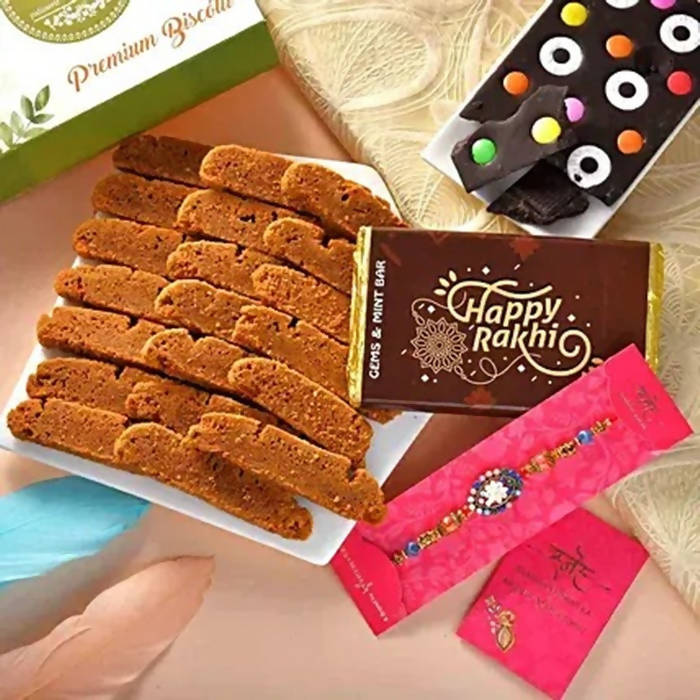 Floral Blue Rakhi N Coffee Biscotti Hamper