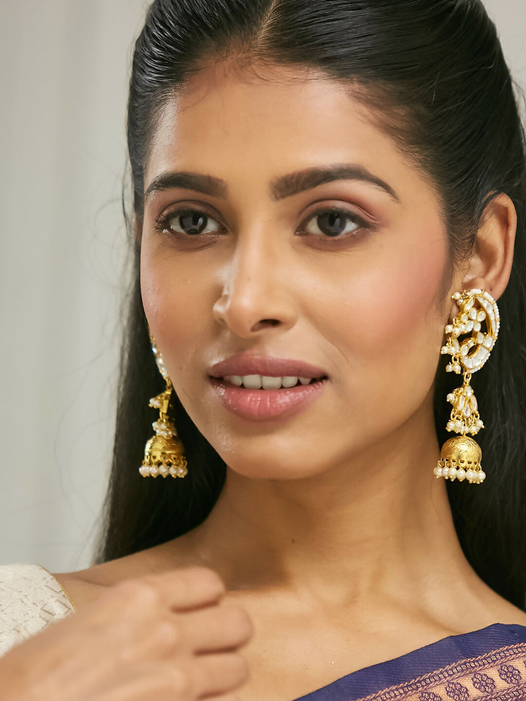 Nuyug 22K Gold-Plated Elegant Kundan Stone Studded & Pearl Drops Mini Jhumki Dangler Earrings