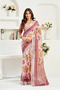 Vastranavya White Maroon Digital Printed Linen Ready To Wear Designer Saree with Unstitched Blouse