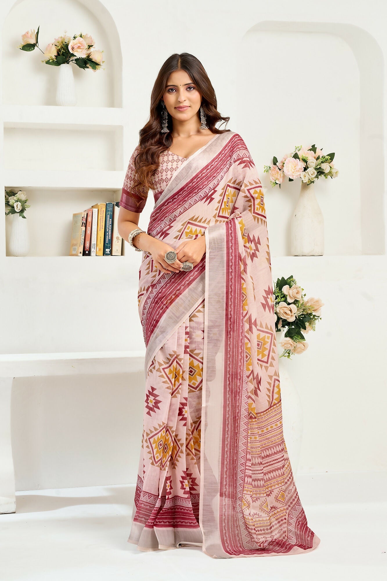 Vastranavya White Maroon Digital Printed Linen Ready To Wear Designer Saree with Unstitched Blouse