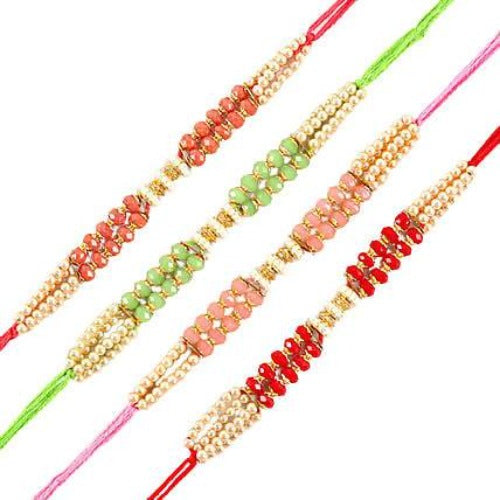 Set of 4 Pretty Pearls Rakhi and Fruit N Nut Chocolates