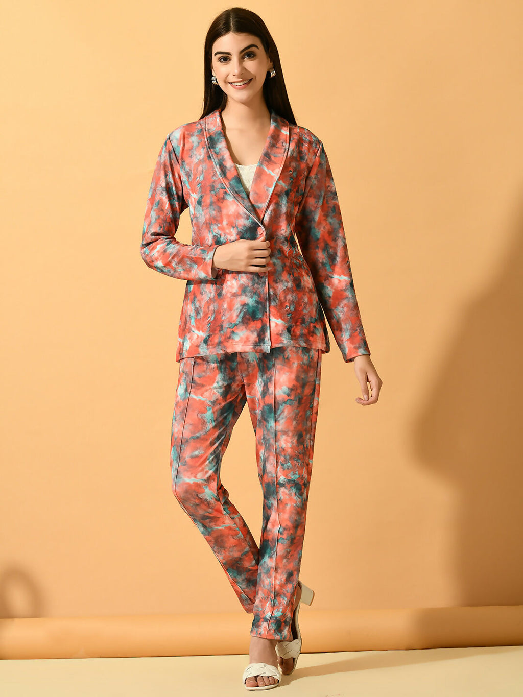 Myshka Women's Multi Printed Coat With Trousers