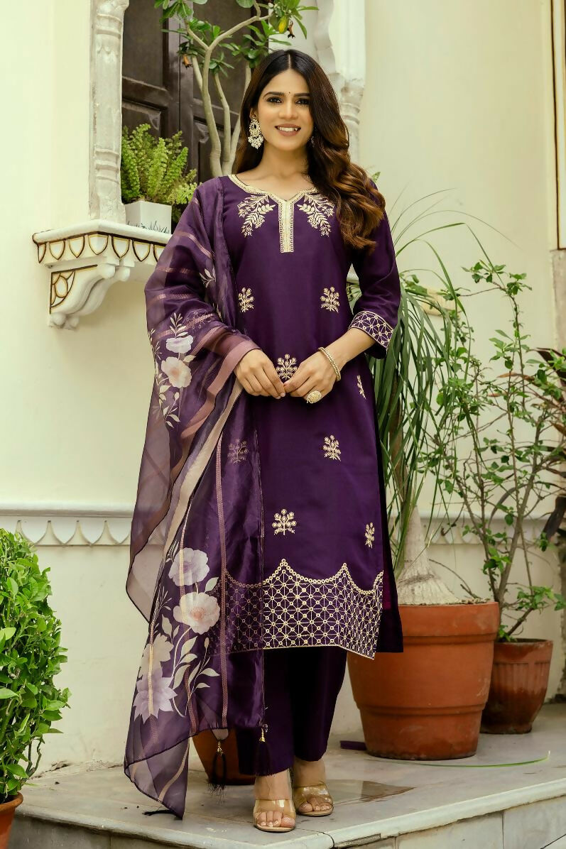 The52 Wine Women's Beautiful Viscose Chanderi Fabric Thread Work Straight Kurta Pant and Dupatta Set