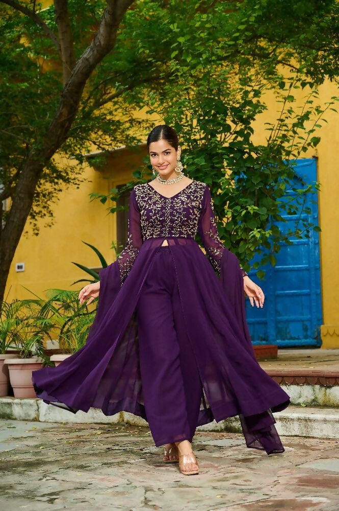 Joban Fashion Purple Readymade Kurta Set With Sequence embroidery Work