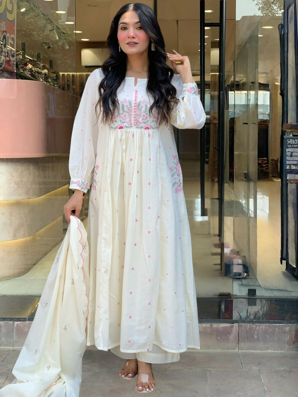 The52 White Women's Beautiful Cotton Fabric Thread Work Straight Kurta Pant and Dupatta Set