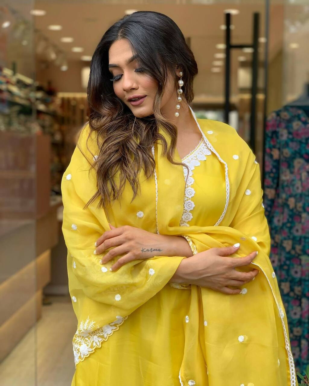 The52 Yellow Women's Gorgeous Embroidered Georgette Fabric Straight Kurta Pant with Dupatta Set