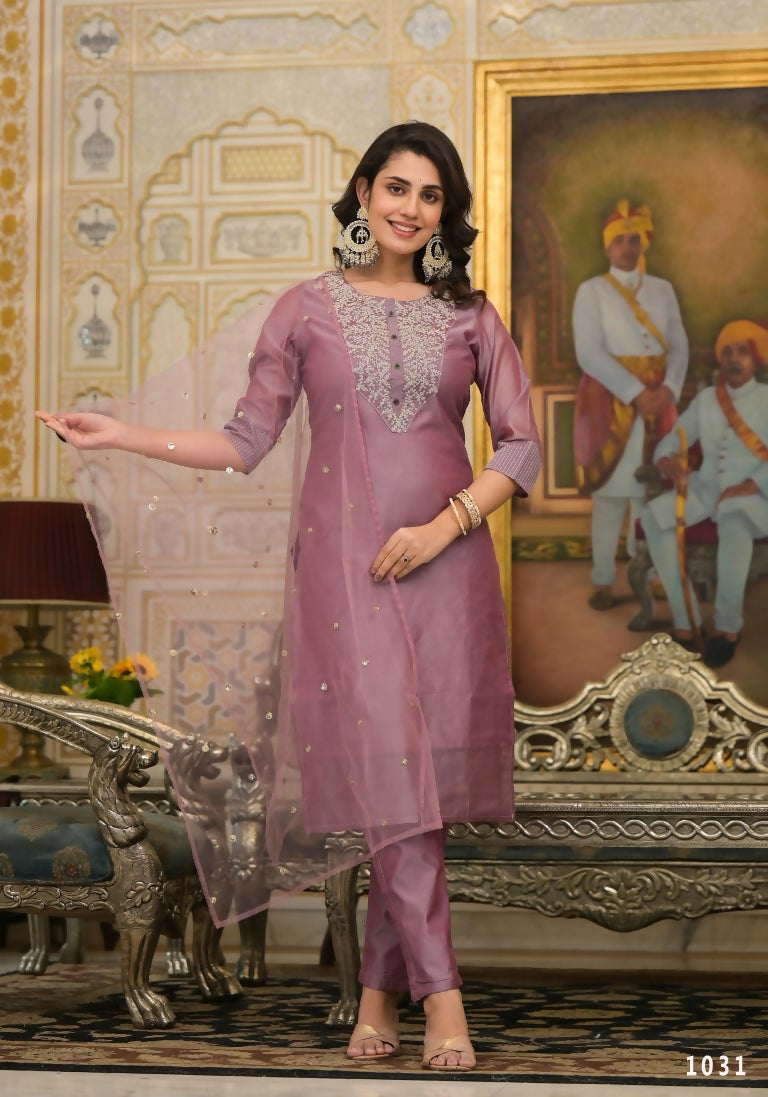 Partywear Designer Rose gold Cotton Silk Stitched Suit With Dupatta - Tanisha