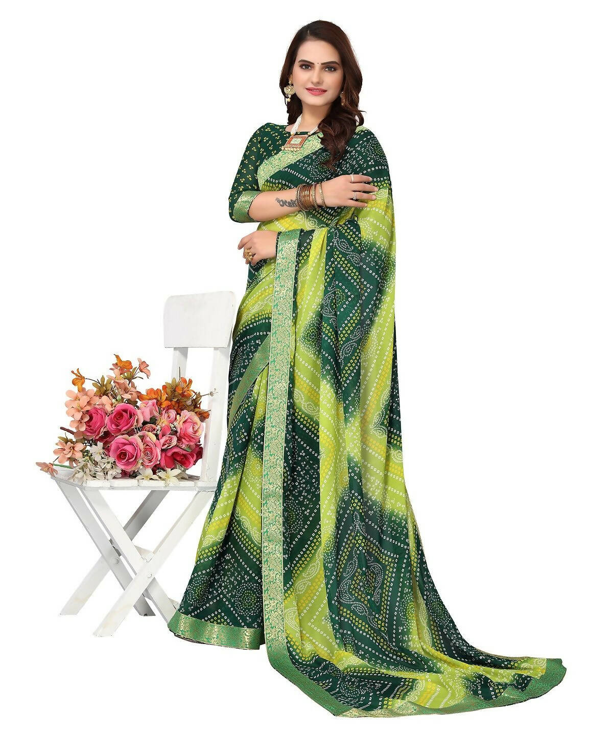 Vamika Green Georgette Printed With Lace Saree (VERA GREEN)