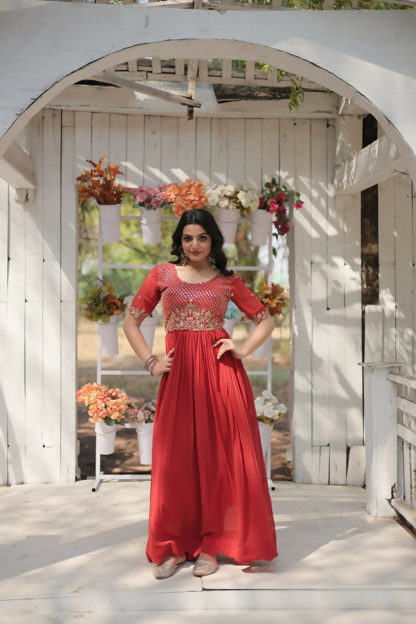 Vastranavya Faux Blooming with Embroidery Zari Sequins-work Gown - Orange