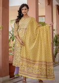 Kaajh Women's Yellow Floral Embroidered Cotton Kurta Pant Set With Dupatta