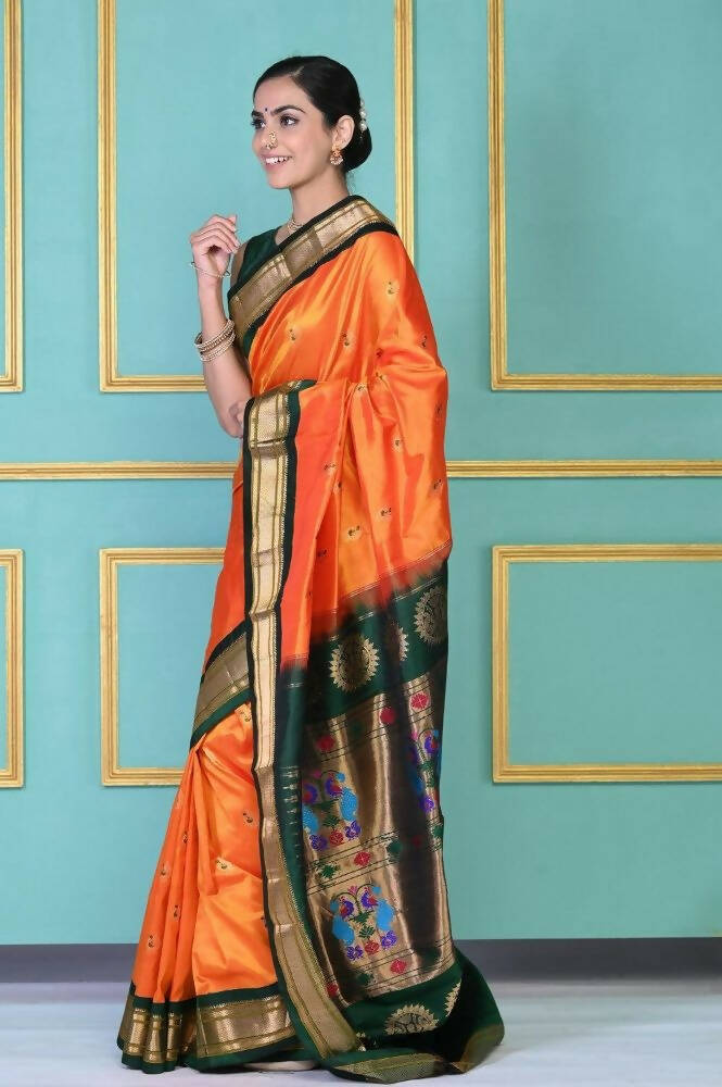 Very Much Indian Authentic Pure Silk Handloom Orange Maharani Paithani