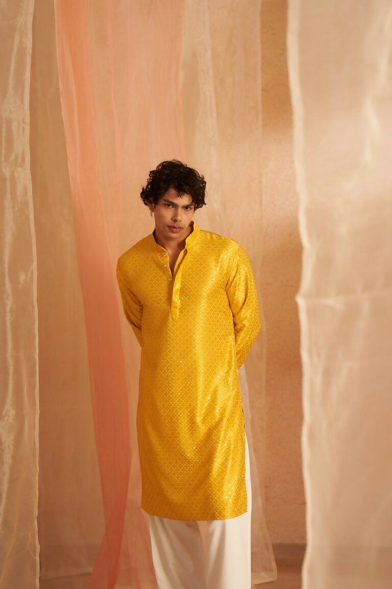 Yellow Viscose Chikankari Embroidery Work Men's Traditional Kurta Set - Mahotsav