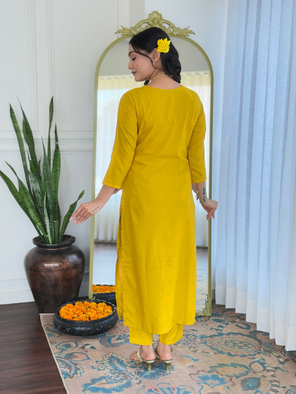 The52 Yellow Women's Beautiful Embroidered Rayon Fabric with Straight Kurta, Pant and Dupatta Set