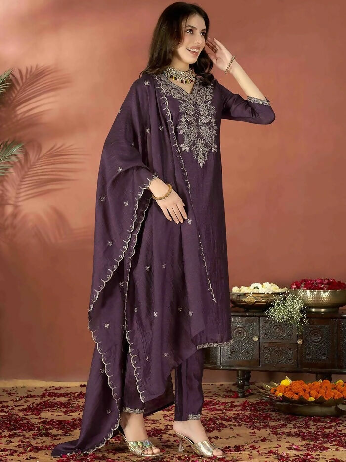 The52 Wine Women's Gorgeous Vichitra Fabric Embroidered Work Straight Kurta Pant and Dupatta Set