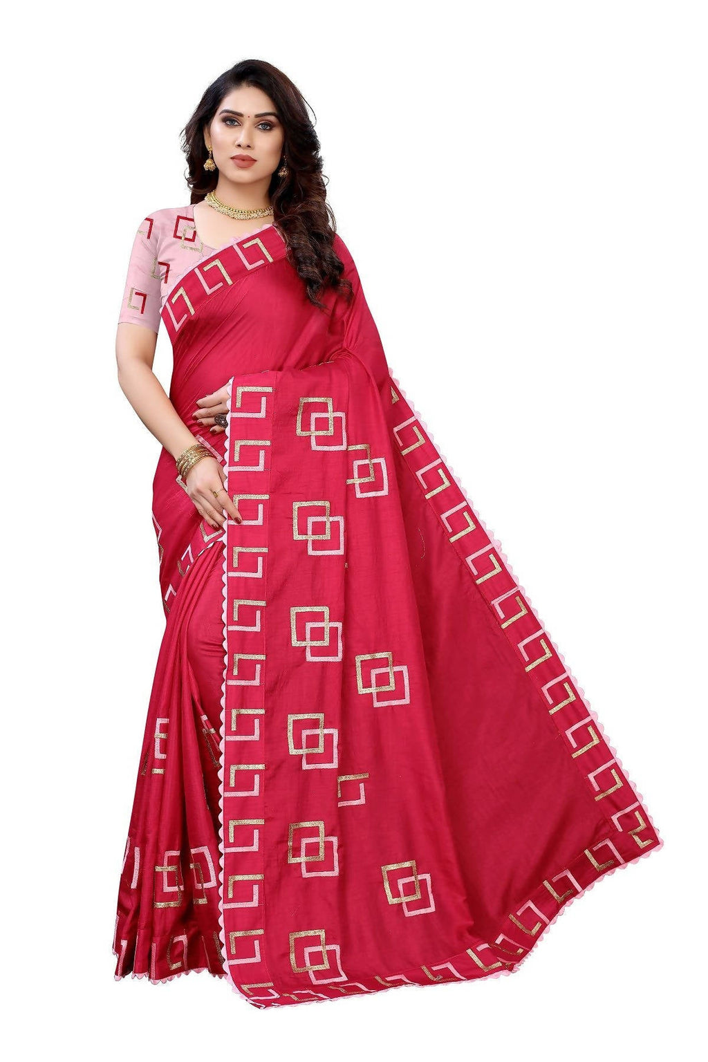 Vamika Red Dola Silk Embroidery Saree (MESHVI PINK)