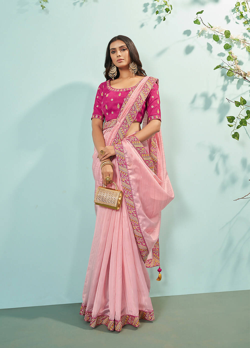 Light Pink Organza Texture Saree With Unstitched Blouse Piece - Norita Ikshita
