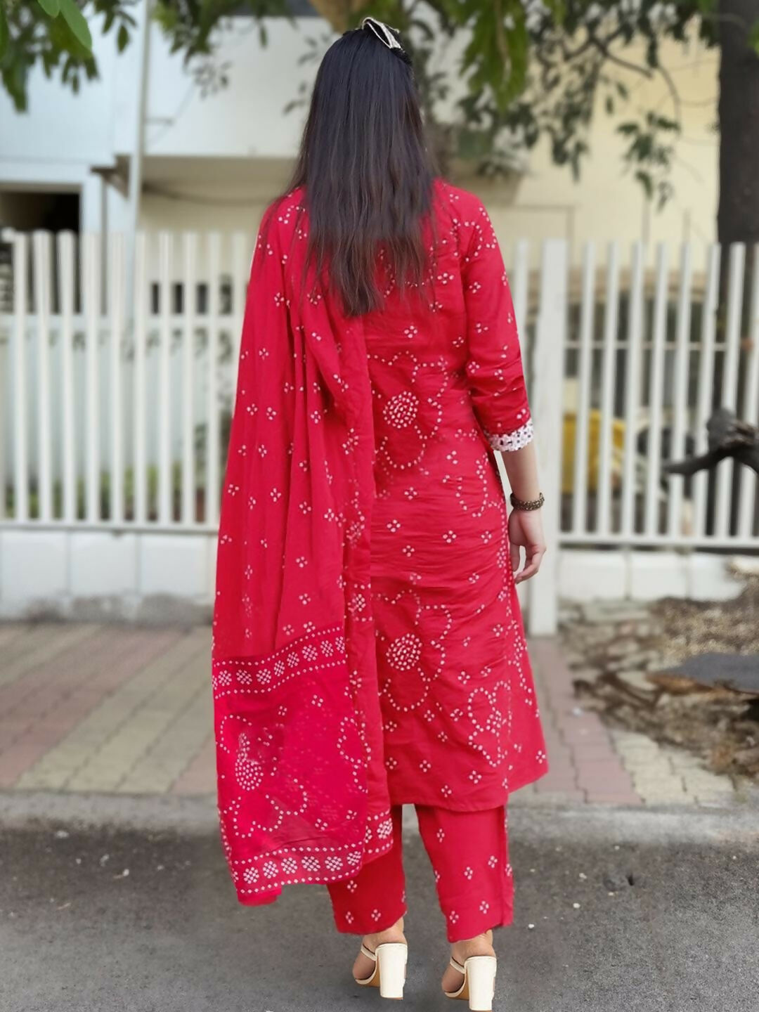 The52 Red Women's Beautiful Rayon Fabric Printed Work Straight Kurta Pant and Dupatta Set