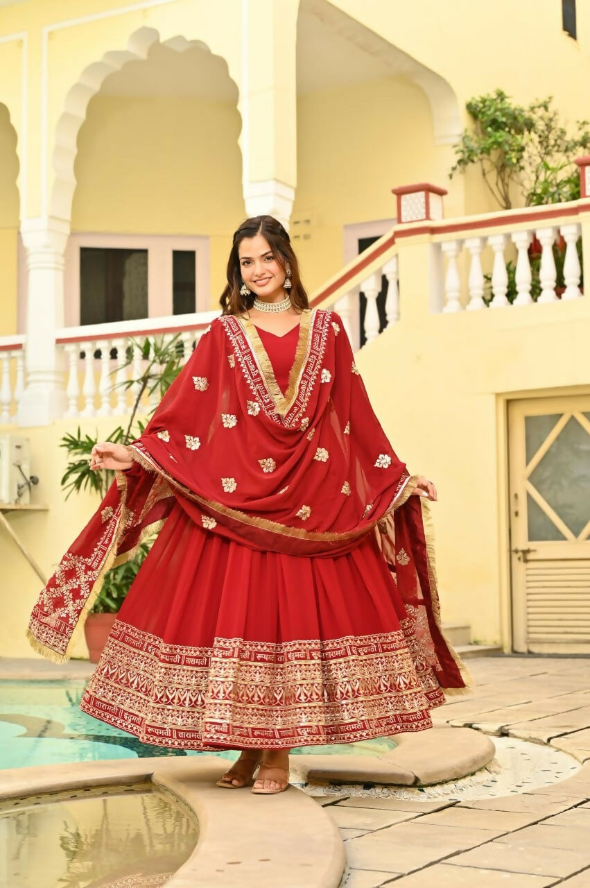 Teeya Creation Red Color Faux Georgette Wedding Wear Embroidery Work Long Gown