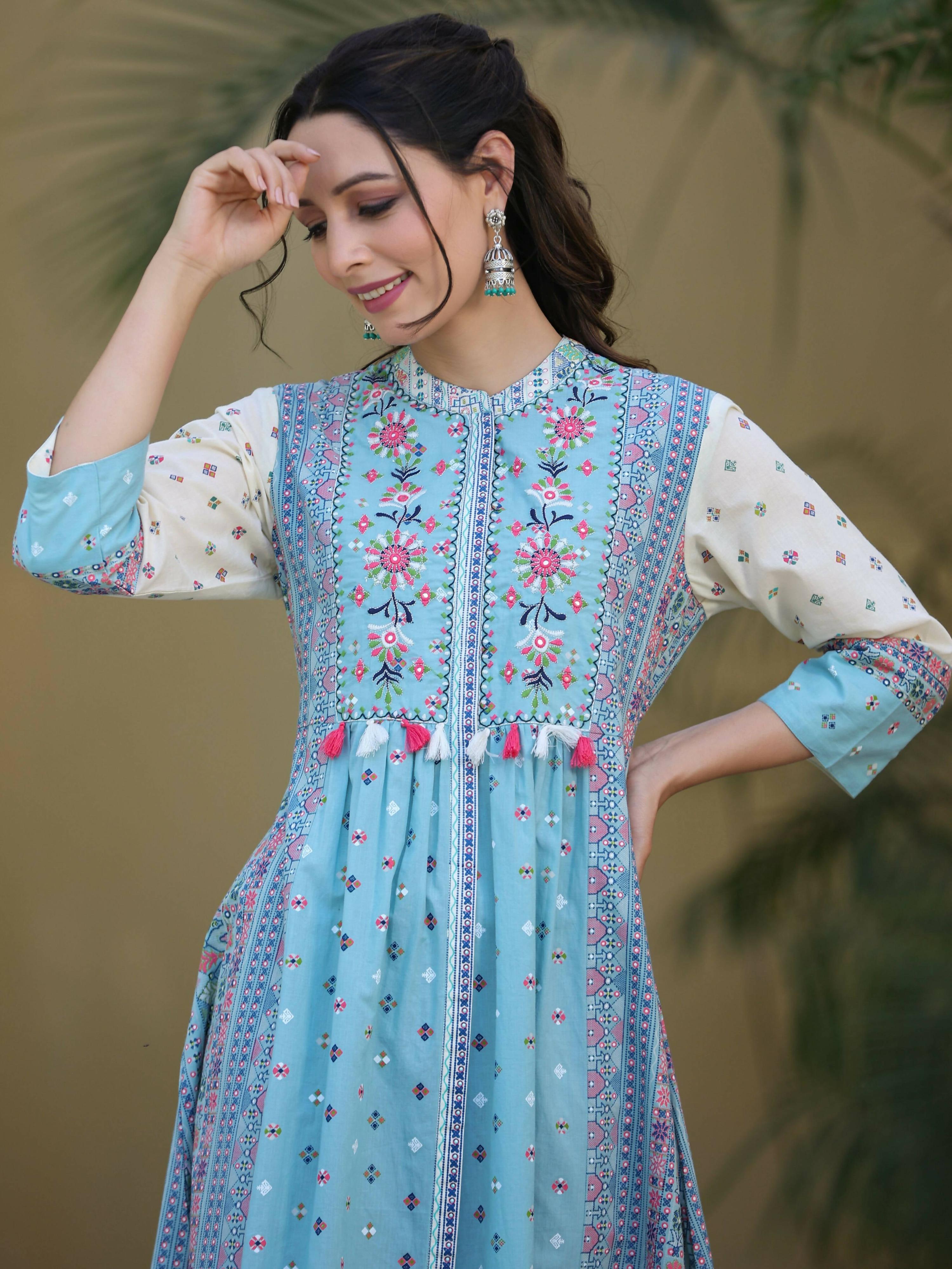 Juniper Women's Skyblue Cambric Printed Flared Dress