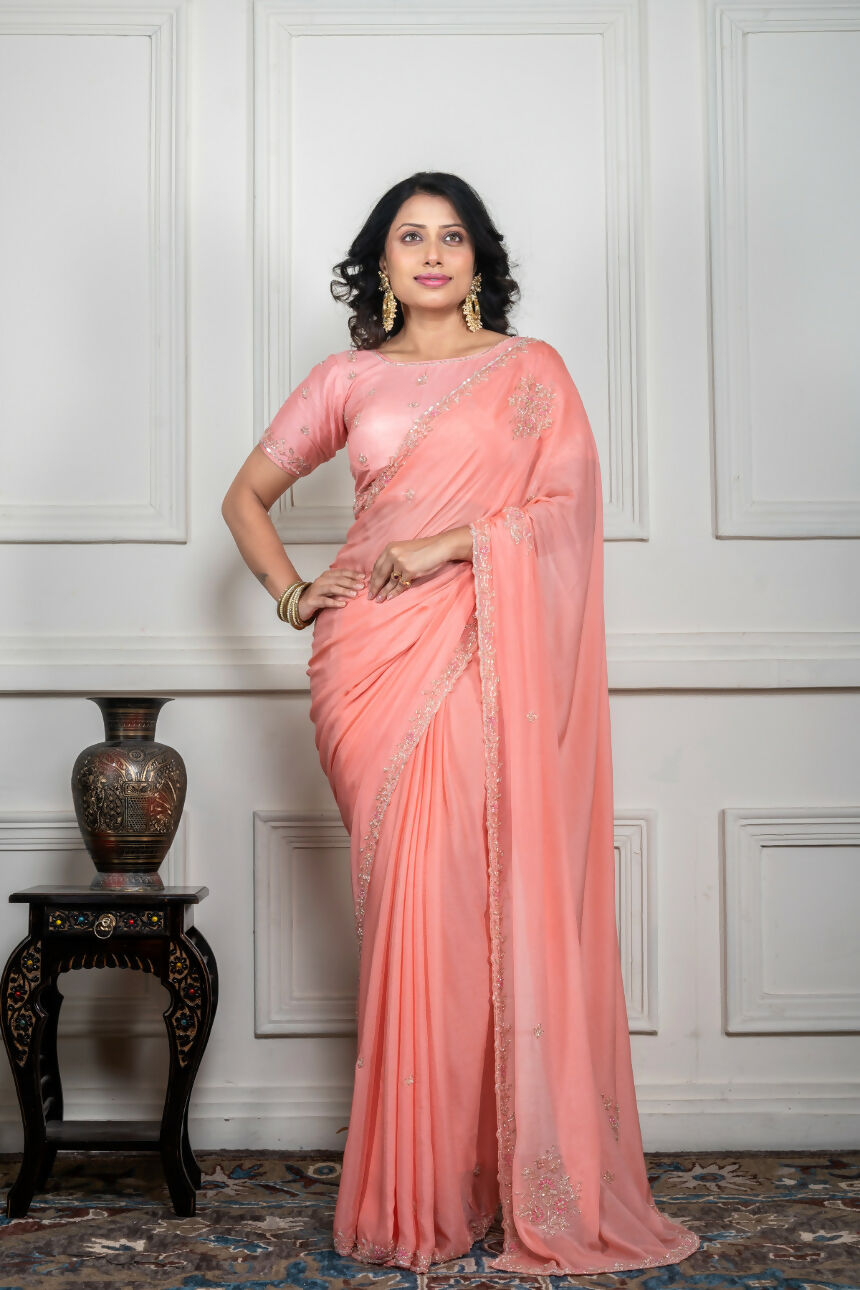 Morchari Peach Chiffon Hand Embroidery Saree And Stitched Blouse