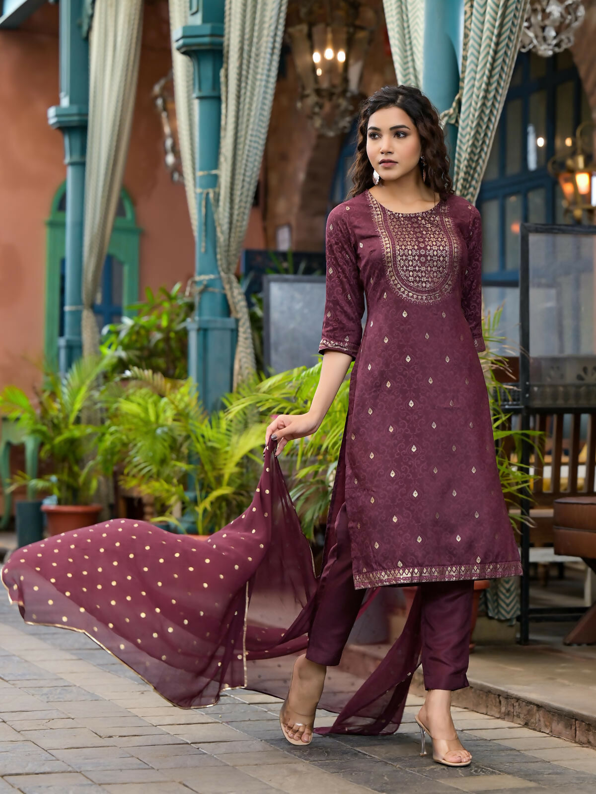 Juniper Women's Wine Ethnic Motif Printed Muslin Kurta Set With Zari Work & Gota Patti