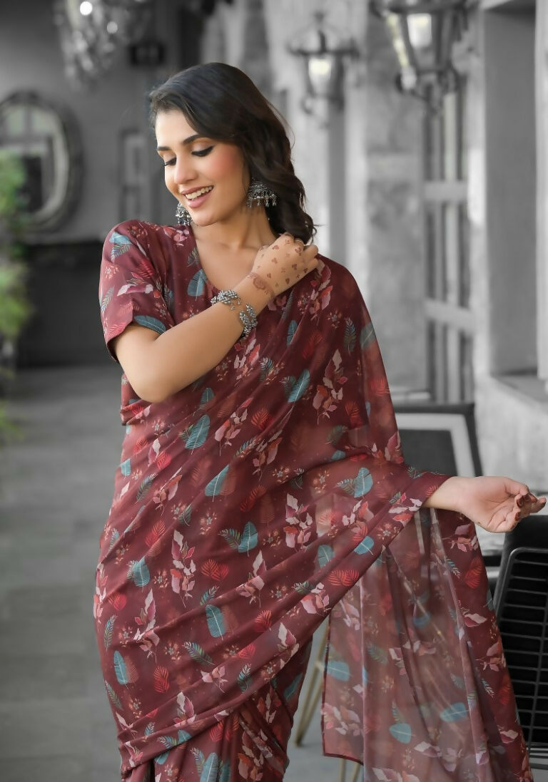stylish Casual Brown Imported georgette Ready to Wear Fancy Saree - Ashwini