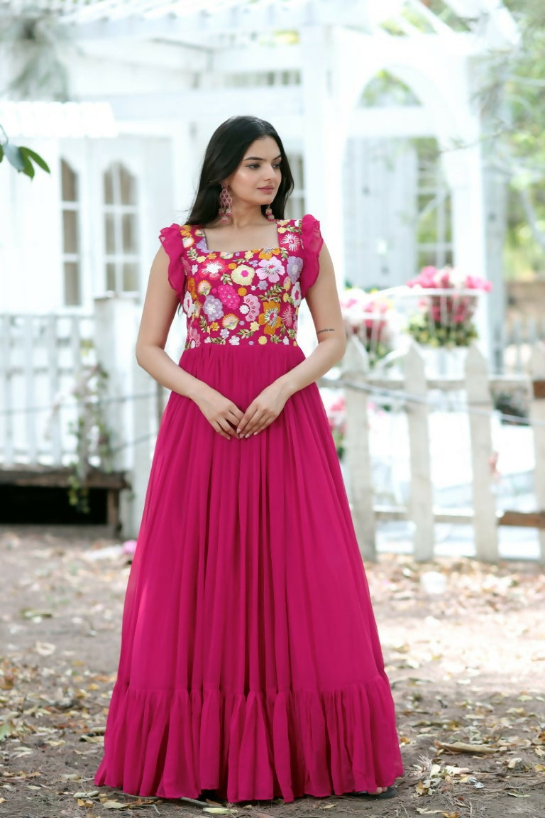 Jyoti Fashion Women's Rani Pink Sequins Thread Embroidery Faux Blooming Anarkali Dress