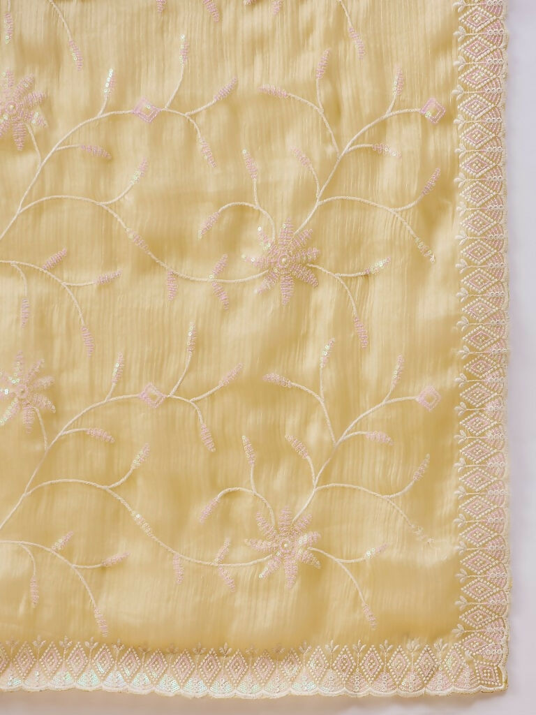 Yellow Tissue Slub Embroidered Saree with Unstitched Blouse - Vairagi