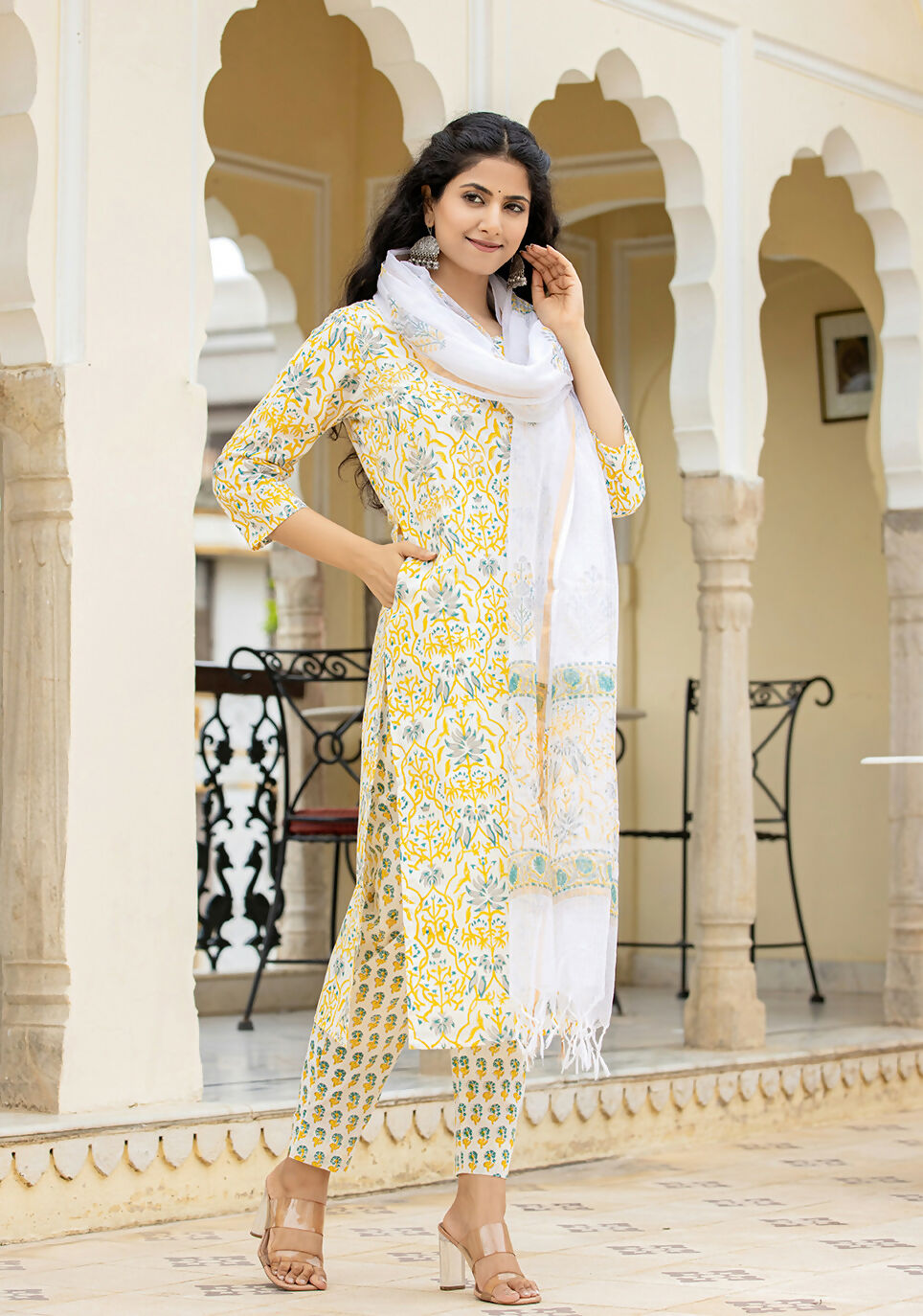 Kaajh Women's Yellow Hand Block Print Suit Set