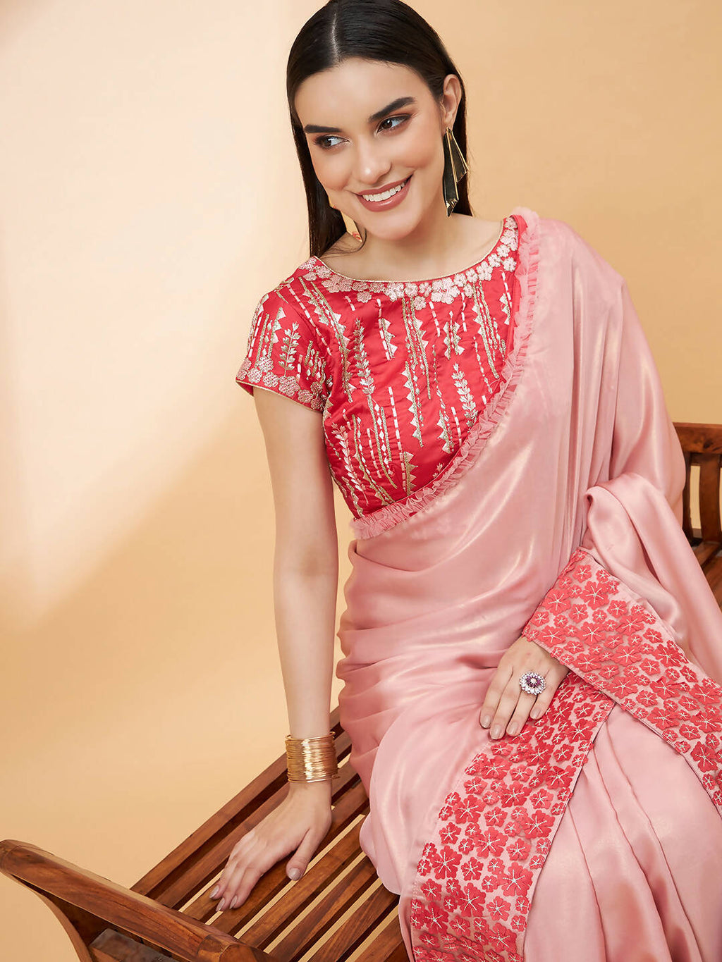 Light Pink Satin Georgette Laser Cut Floral Embroidery , Resham, Zari And Cord Embroidery Saree - Norita Hit Design
