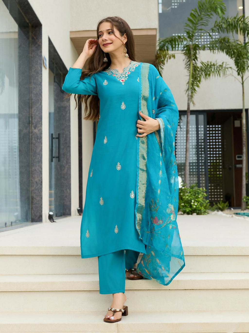 The52 Blue Women's Gorgeous Viscose Fabric Embroidered Work Straight Kurta, Pant and Dupatta Set