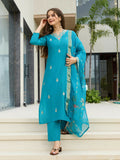 The52 Blue Women's Gorgeous Viscose Fabric Embroidered Work Straight Kurta, Pant and Dupatta Set