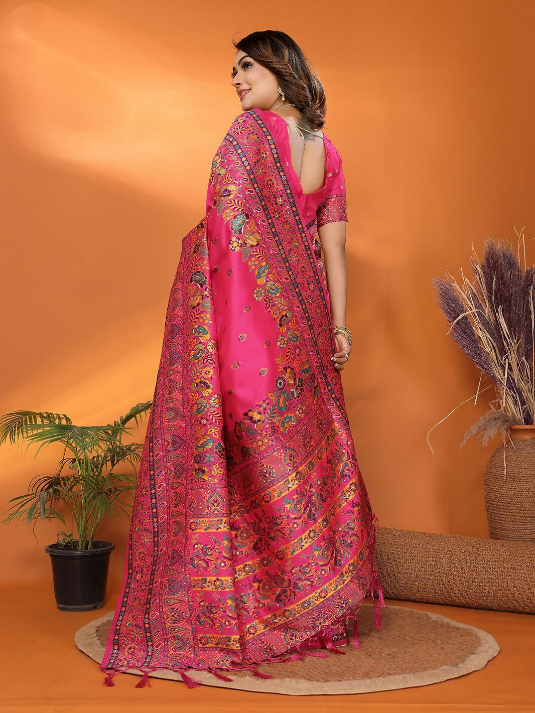 Joban Fashion Rani Pink Meena Weaves Pashmina Sarees