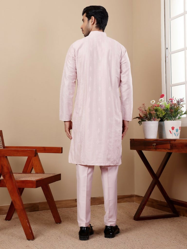 Light Pink Silk Designer Embroidery Work Men's Rajwadi Kurta Set - Mahotsav